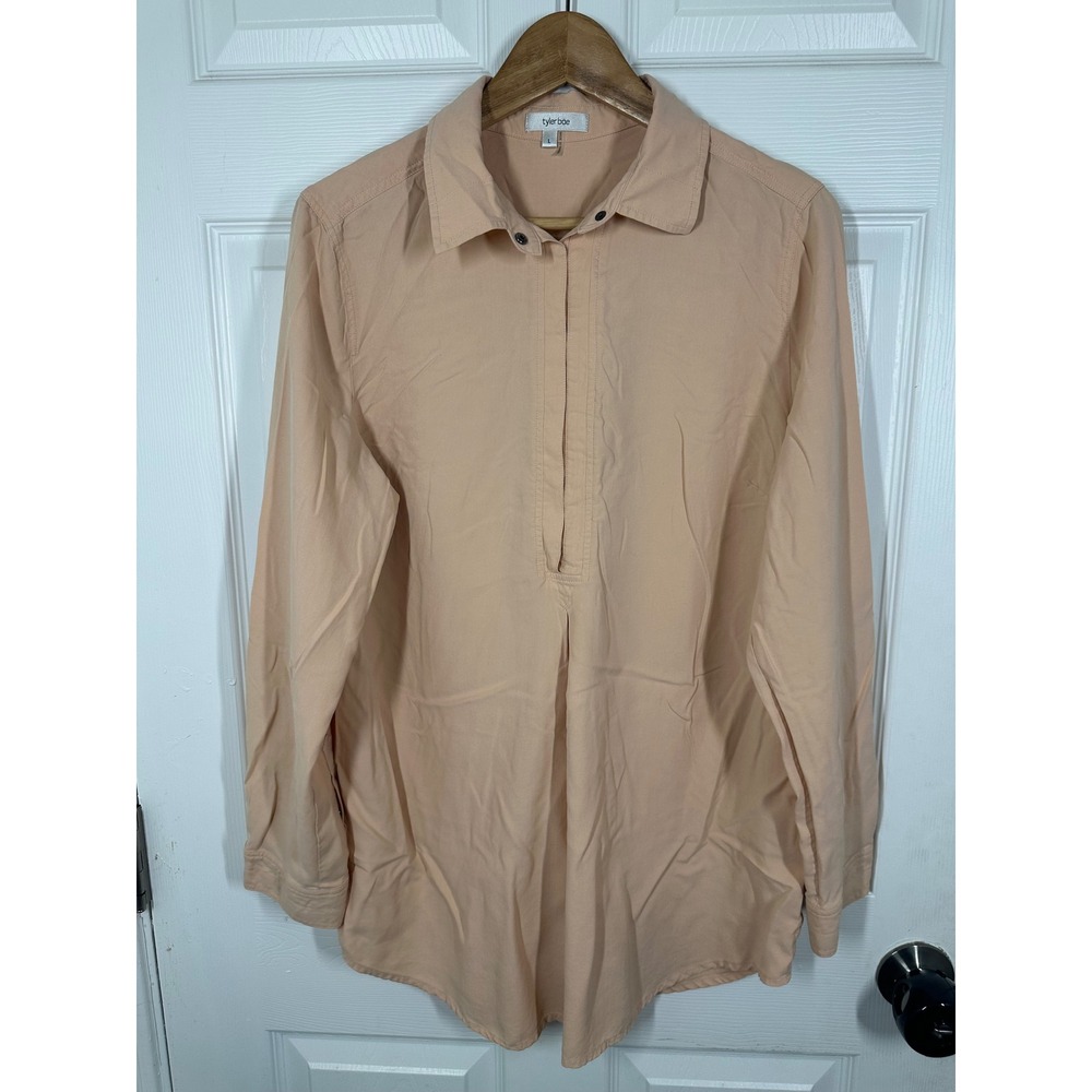 Tyler Boe Blouse Womens L Peach Button Up Tunic Long Sleeve Dragonfly Logo 7438